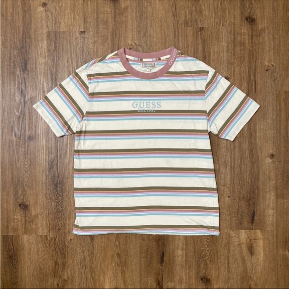 VINTAGE Guess Shirt Adult X-Large Blue Pink Stripes Spell Out Logo ASAP Mens 90s - Picture 5 of 5